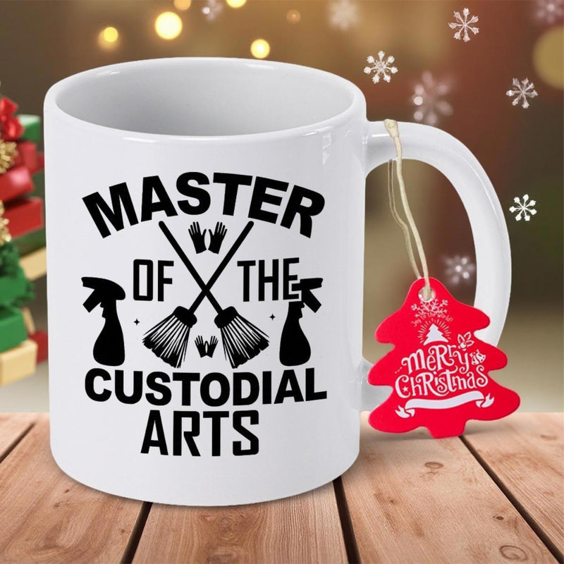 Tailorly White Ceramic 11 oz Mug - Master Of The Custodial Arts Bold Professional Cleaning Design Featuring Crossed Brooms And Spray Bottles Mug