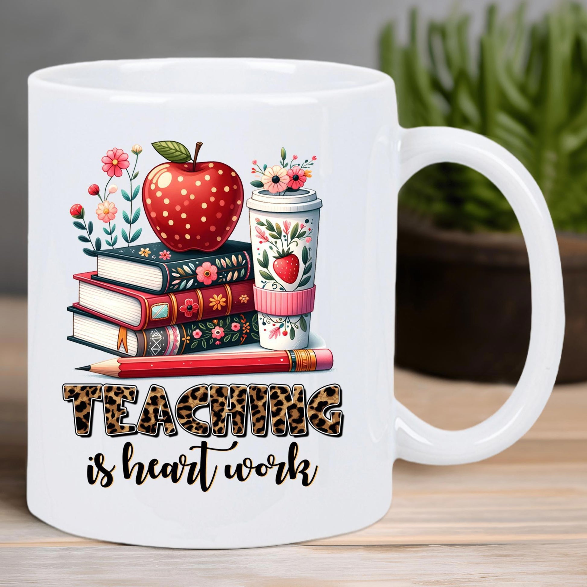 Tailorly White Ceramic 11 oz Mug - Teaching Is Heart Work Colorful Stack Of Books With A Spotted Red Apple Mug