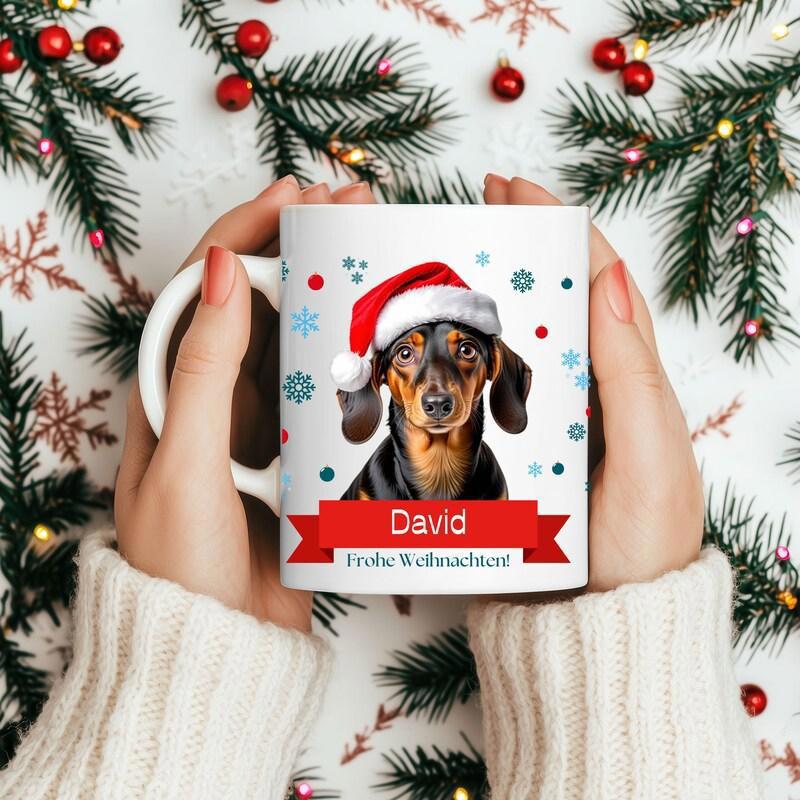 Tailorly White Ceramic 11 oz Mug - David Festive Red Santa Hat Among Floating Winter Snowflakes Ribbon Dachshund