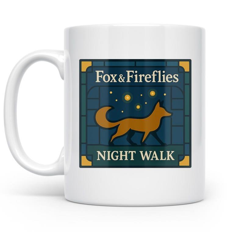 Tailorly White Ceramic 11 oz Mug - Fox Fireflies Night Walk Strolling Orange Fox Under Glowing Fireflies On A Tiled Night Background Fox