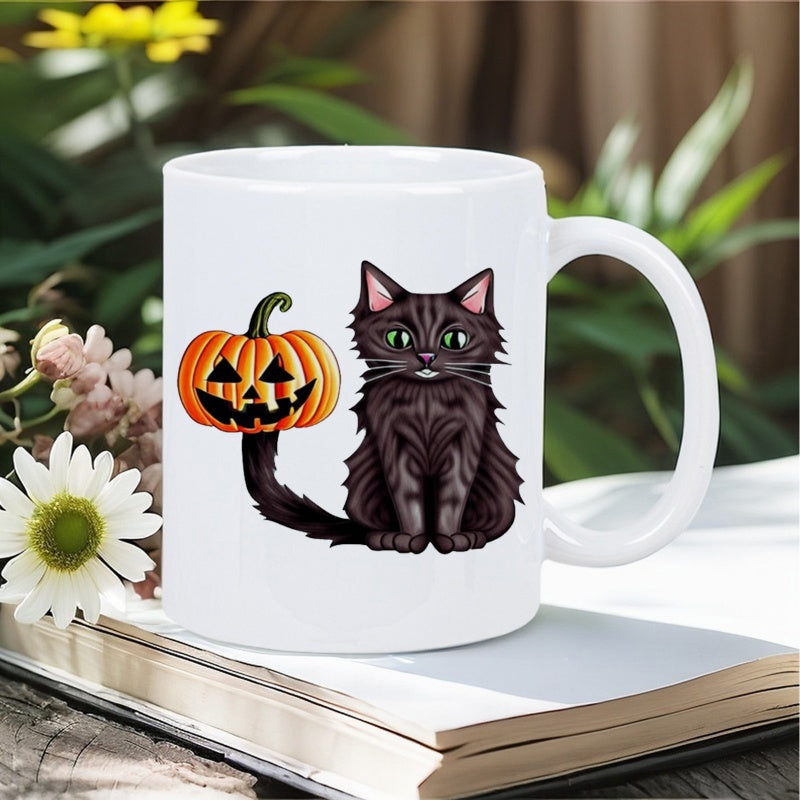 Tailorly White Ceramic 11 oz Mug - Charming Black Cat Sitting Quietly Beside A Glowing Carved Halloween Pumpkin Cat