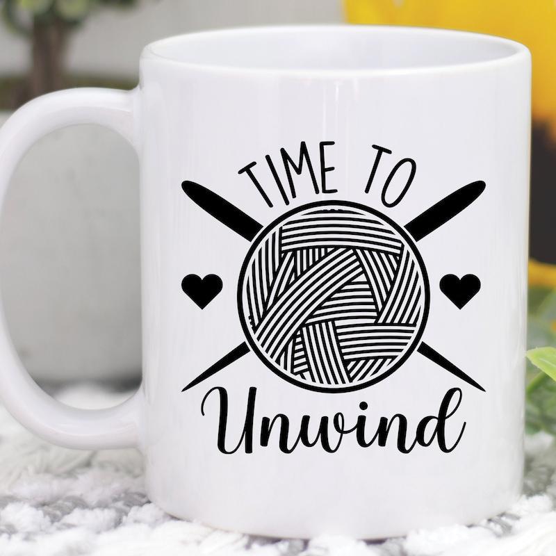 Tailorly White Ceramic 11 oz Mug - Time To Unwind Symmetrical Knitting Yarn Ball With Crossed Needles And Two Small Hearts Yarn