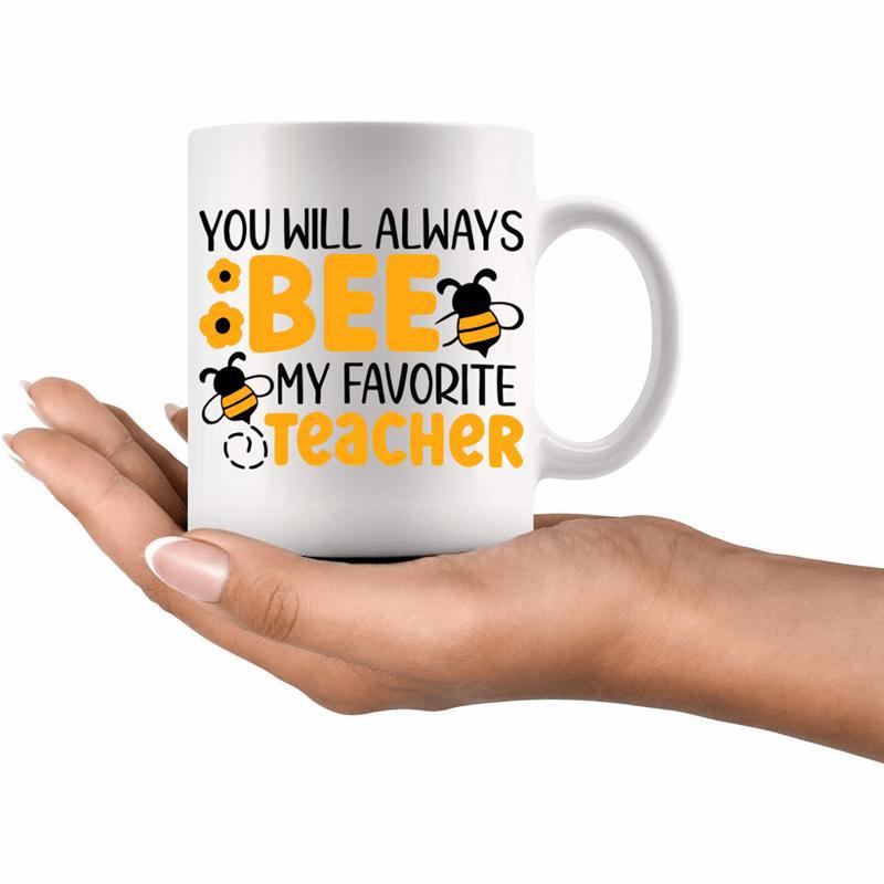 Tailorly White Ceramic 11 oz Mug - You Will Always Bee My Favorite Teacher Whimsical Flying Honeybees Among Golden Geometric Honeycomb Shapes Bee