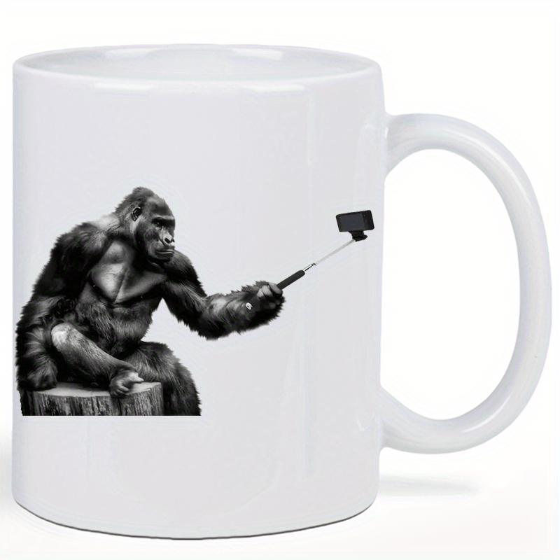 Tailorly White Ceramic 11 oz Mug - Strong Wild Primate Sitting On Stump Holding Modern Selfie Stick Gorilla