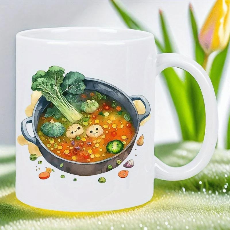 Tailorly White Ceramic 11 oz Mug - Whimsical Cartoon Style Vegetable Stew With Tiny Smiling Faces In A Cooking Pot