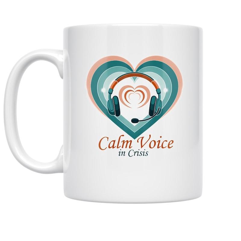 Tailorly White Ceramic 11 oz Mug - Calm Voice In Crisis Stylized Retro Headset Resting Within Layered Multi Colored Pastel Tones Vibrant Heart