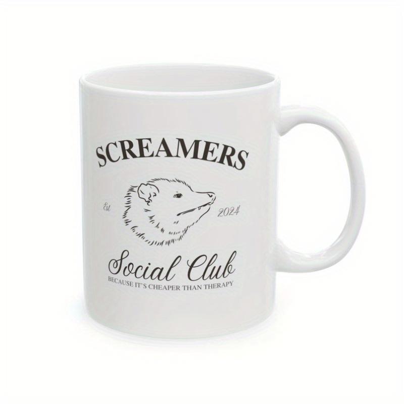 Tailorly White Ceramic 11 oz Mug - Screamers Social Club Vintage Style Arched Text Surrounding A Minimalist Hand Drawn Sketch Opossum