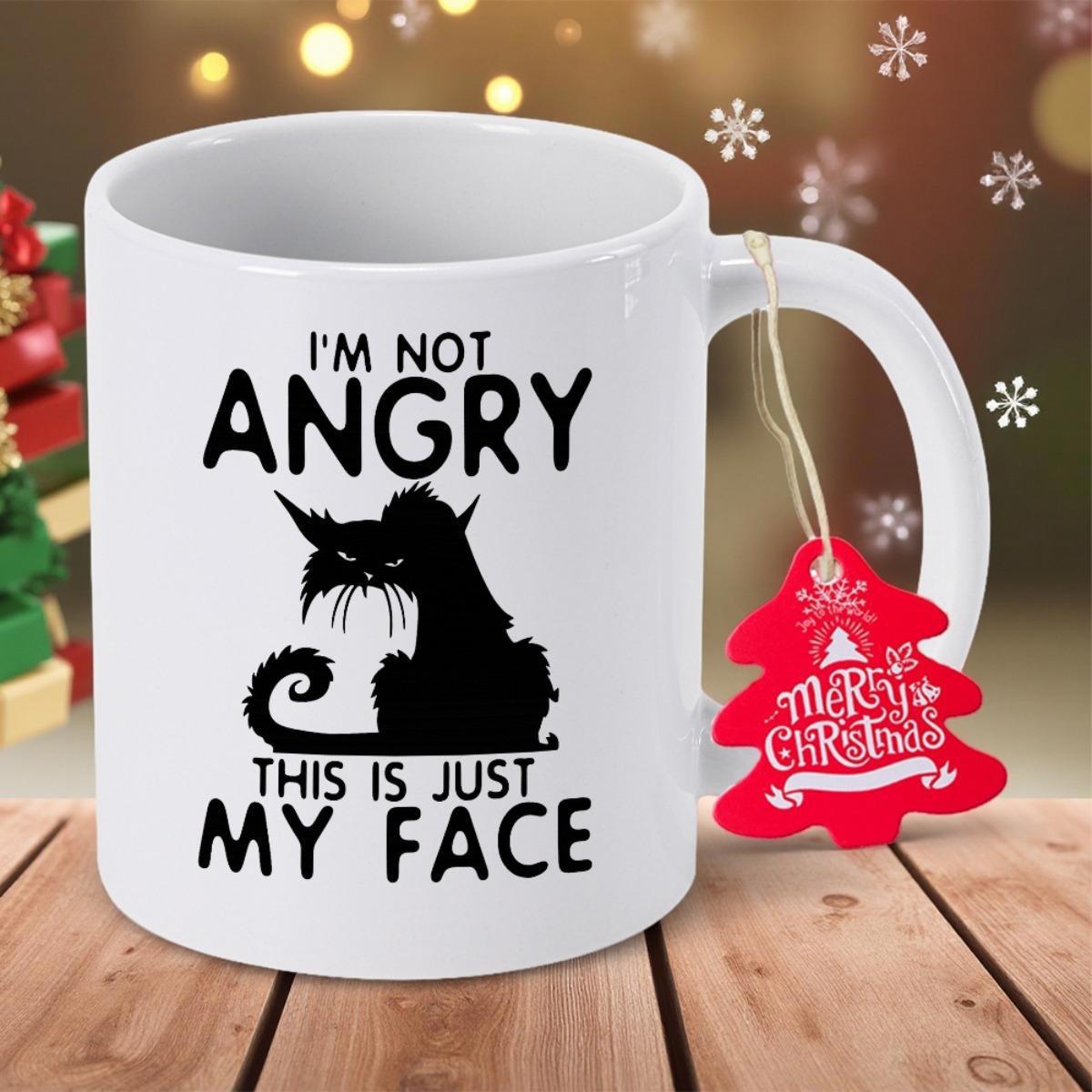 Tailorly White Ceramic 11 oz Mug - Im Not Angry This Is Just My Face Grumpy Silhouette Of A Sarcastic Black Cat Sitting Firmly With Expression Cat