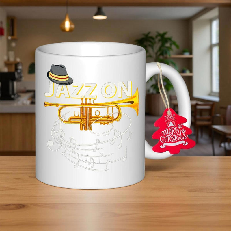 Tailorly White Ceramic 11 oz Mug - Jazz On Golden Musical Instrument Featuring Elegant Musical Notes And Classic Fedora Trumpet