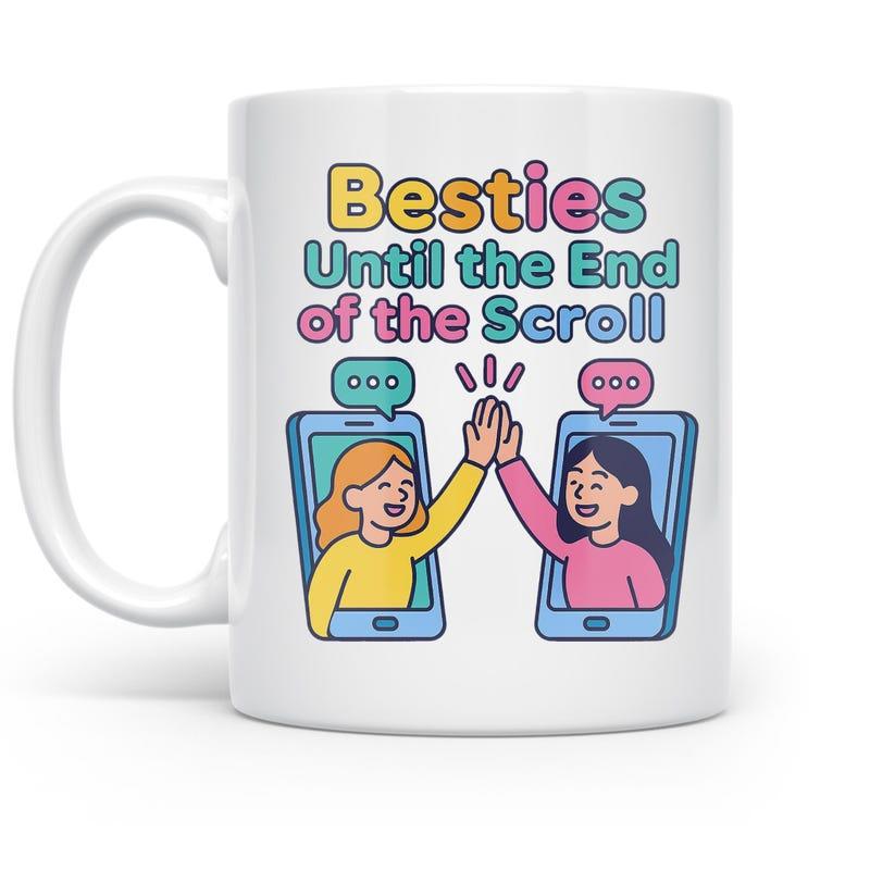 Tailorly White Ceramic 11 oz Mug - Besties Until The End Of The Scroll Colorful Cartoon Friends High Fiving From Smartphone Screens Illustration
