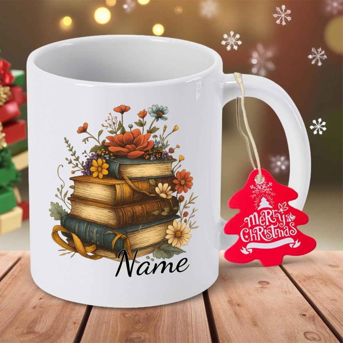 Tailorly White Ceramic 11 oz Mug - Name Merry Christmas Stacked Vintage Books With Delicate Wildflowers Blooming Under Soft Festive Holiday Books