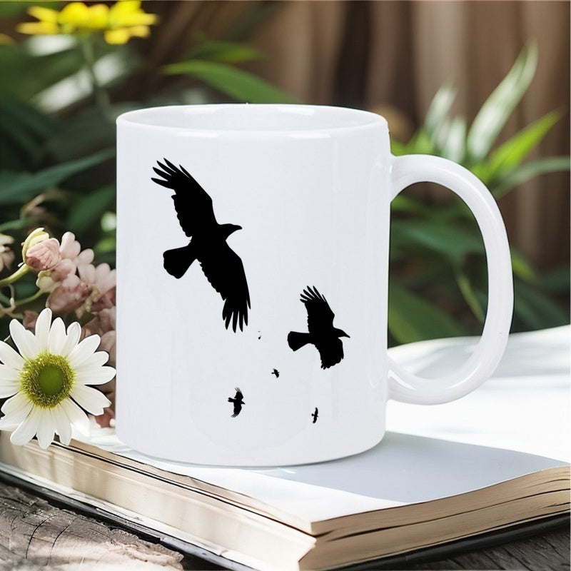 Tailorly White Ceramic 11 oz Mug - Majestic Black Silhouettes Soaring Through An Open Empty Sky Raven