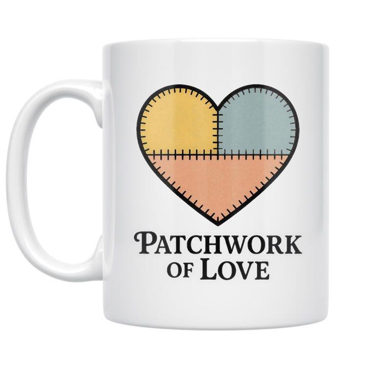 Tailorly White Ceramic 11 oz Mug - Patchwork Of Love Stitched Colorful Quilted Pattern Shape Featuring Soft Pastel Tones Heart