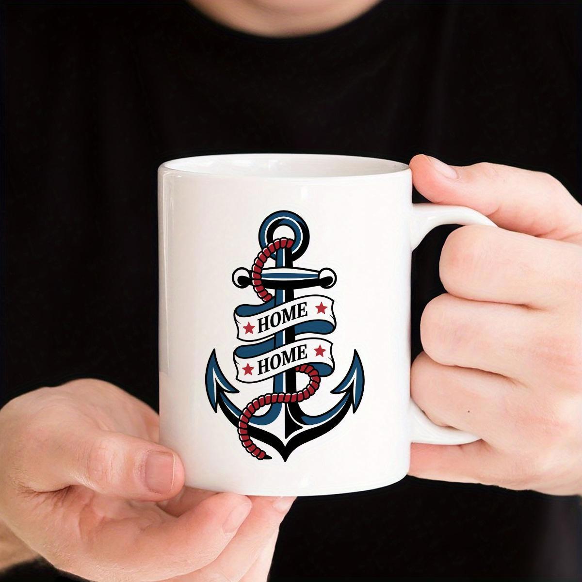 Tailorly White Ceramic 11 oz Mug - Home Home Vintage Nautical Style With Red Rope Wrapped Around Decorative Star Banner Anchor