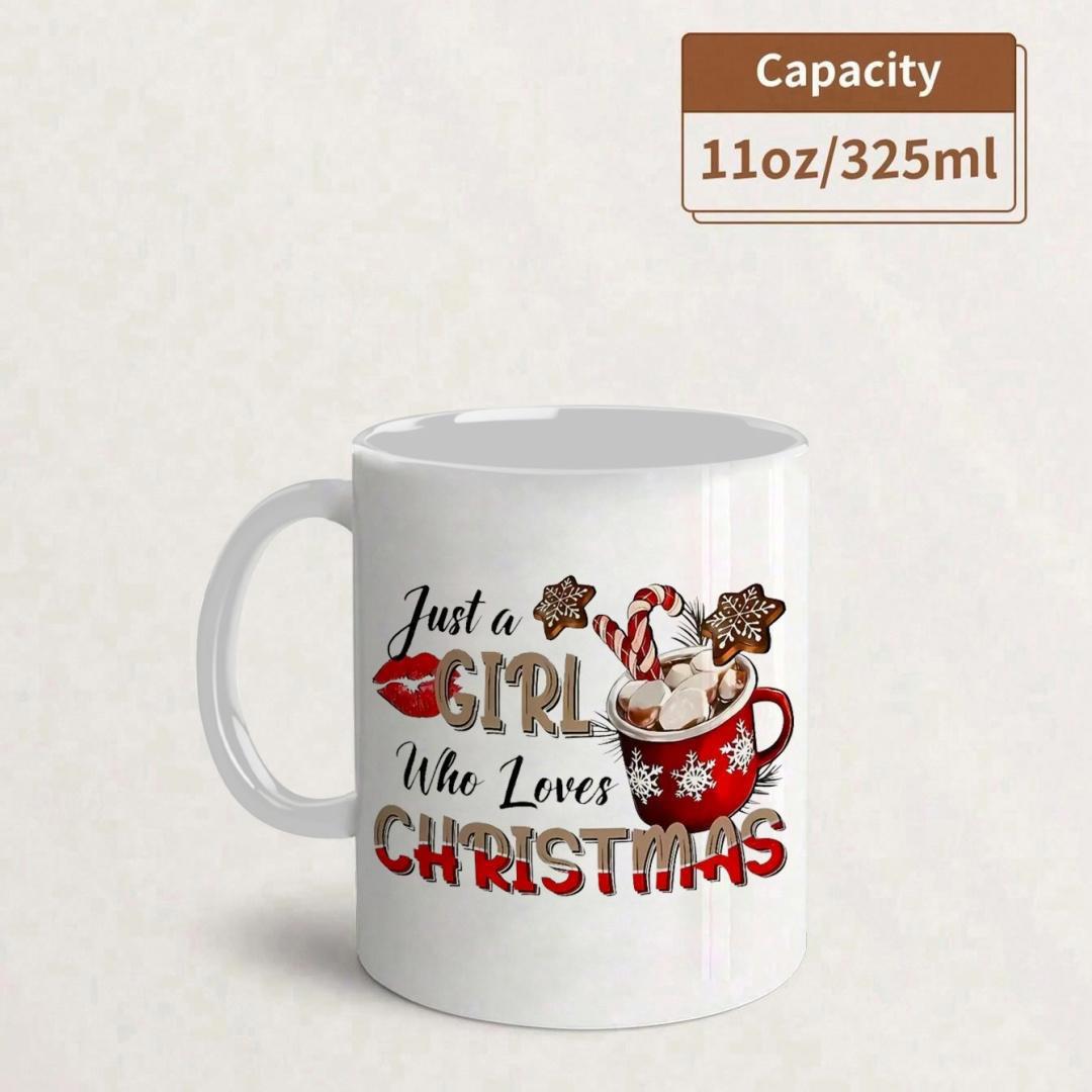 Tailorly White Ceramic 11 oz Mug - Just A Girl Who Loves Christmas Festive Red Cup Decorated With Snowflakes Holding Sweet Treats And Candy Cane Mug
