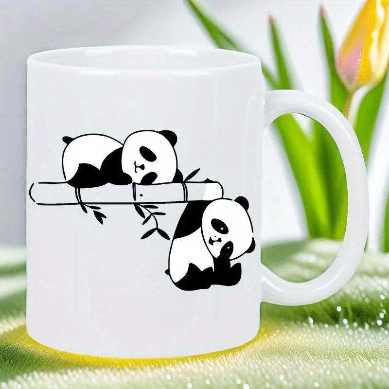Tailorly White Ceramic 11 oz Mug - Cute Minimalist Pandas Resting And Hanging From A Single Bamboo Branch Panda