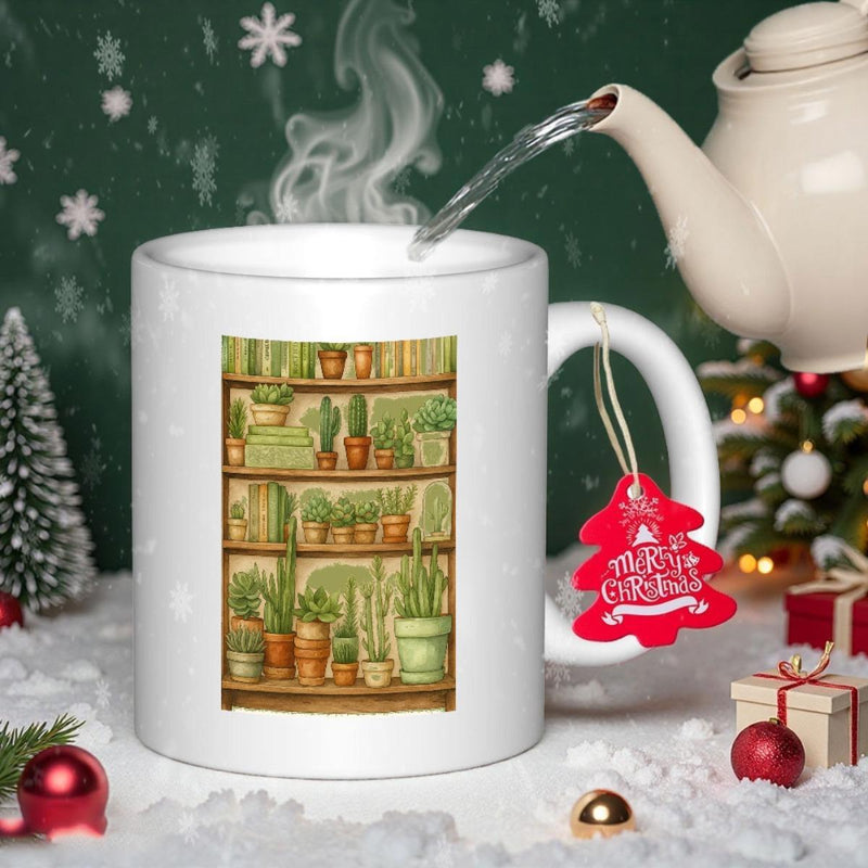 Tailorly White Ceramic 11 oz Mug - Merry Christmas Vintage Wooden Shelves Arranged With Diverse Potted Green Succulents Plant