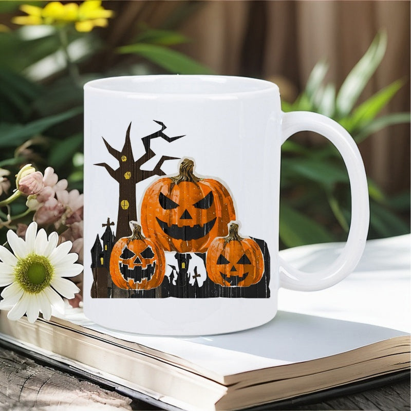 Tailorly White Ceramic 11 oz Mug - Spooky Halloween Night Under Gnarled Tree Beside Haunted House Silhouettes Pumpkin