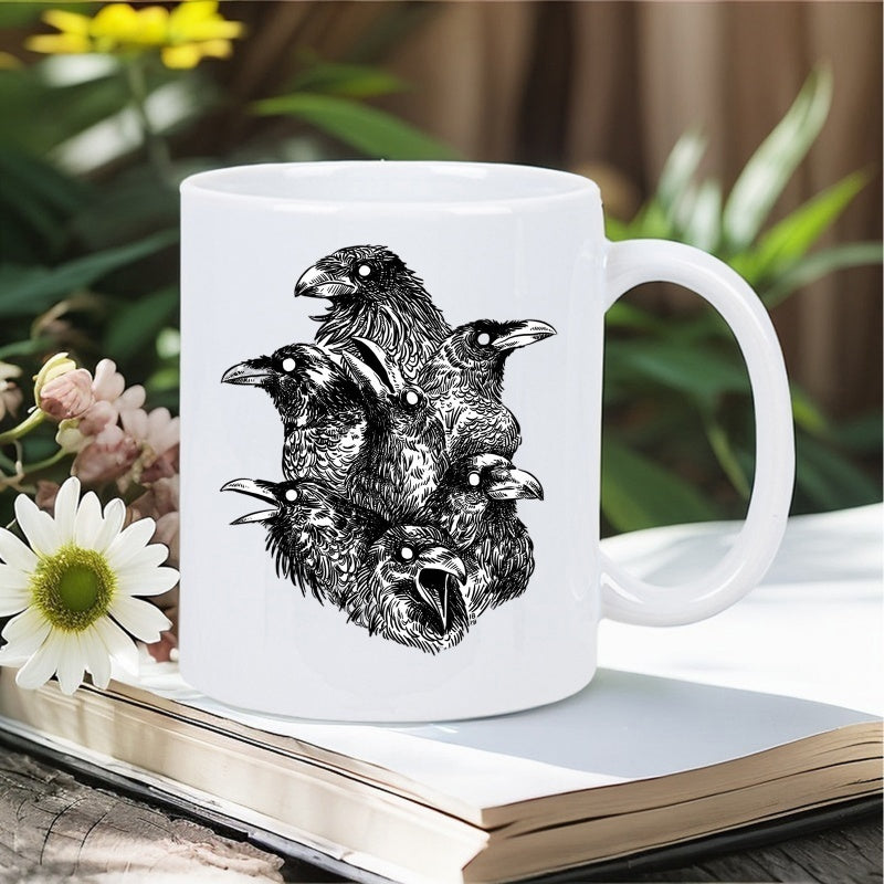 Tailorly White Ceramic 11 oz Mug - Artistic Detailed Monochrome Illustration Of A Clustered Group Of Dark Raven