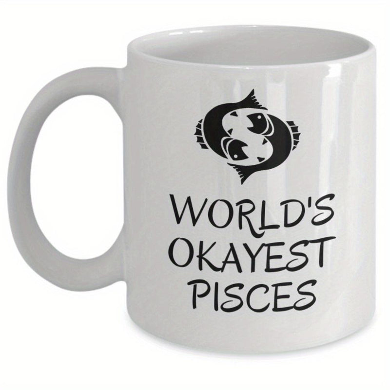 Tailorly White Ceramic 11 oz Mug - Worlds Okayest Pisces Minimalist Black Ink Hand Drawn Artistic Double Fish Zodiac Sign Pisces