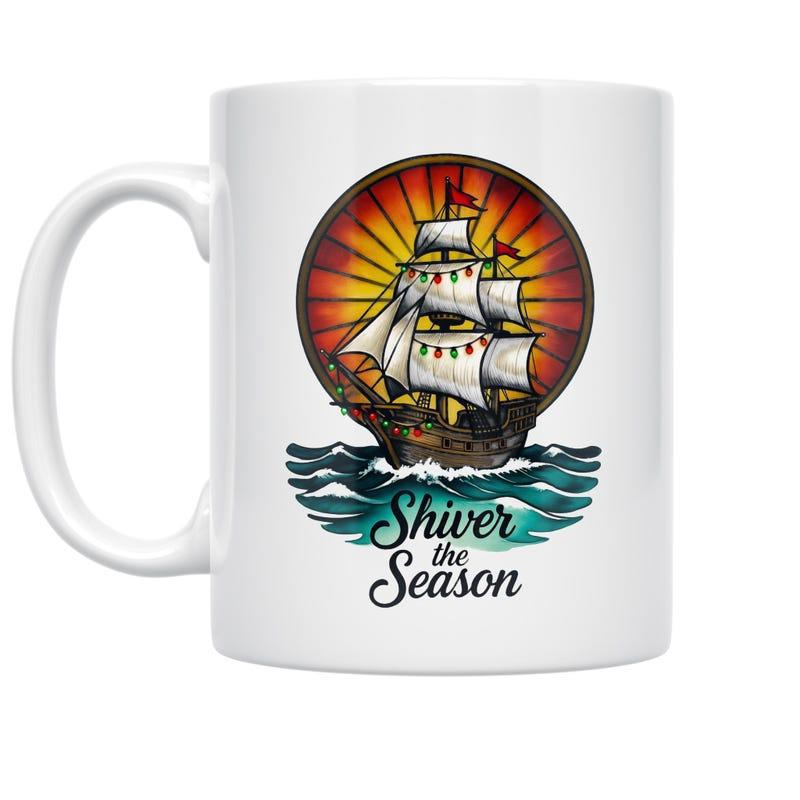 Tailorly White Ceramic 11 oz Mug - Shiver The Season Vintage Sailing Ship On Deep Blue Waves Under Golden Sunset Ship