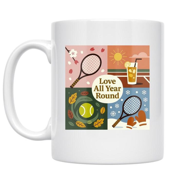 Tailorly White Ceramic 11 oz Mug - Love All Year Round Four Seasons Sports Theme With Rackets And Falling Leaves Tennis