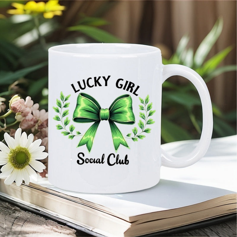 Tailorly White Ceramic 11 oz Mug - Lucky Girl Social Club Elegant Vibrant Green Satin Ribbon Bow Among Symmetrical Leafy Laurel Branches Bow