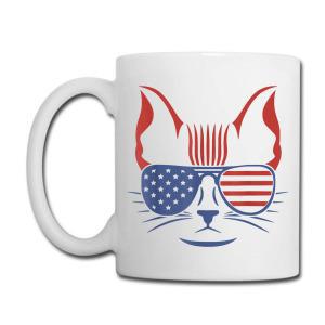 Tailorly White Ceramic 11 oz Mug - Patriotic Themed Feline Wearing Aviator Sunglasses With American Flag Patterns Cat