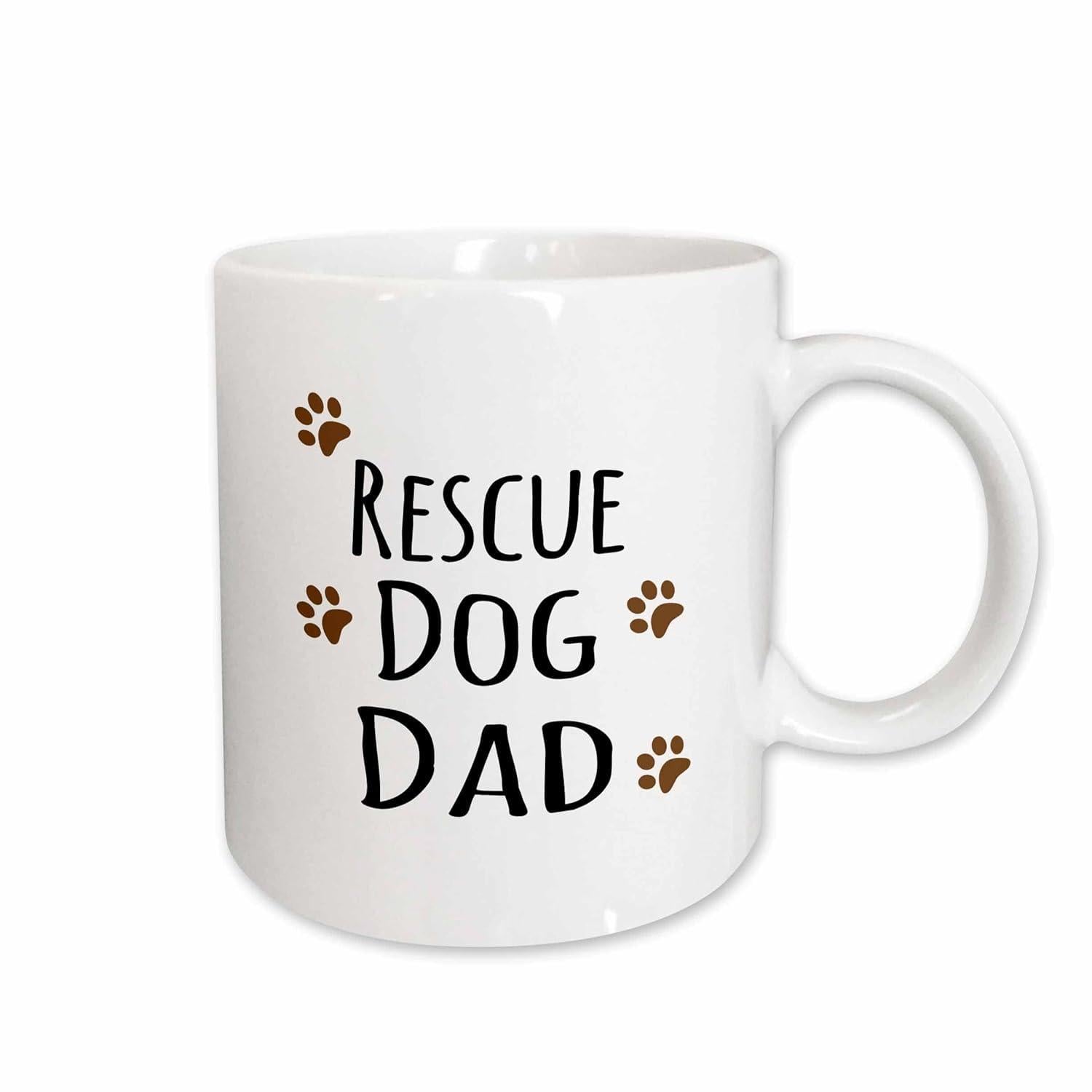 Tailorly White Ceramic 11 oz Mug - Rescue Dog Dad Small Brown Canine Tracks Dancing Around Bold Hand Lettered Font Paw