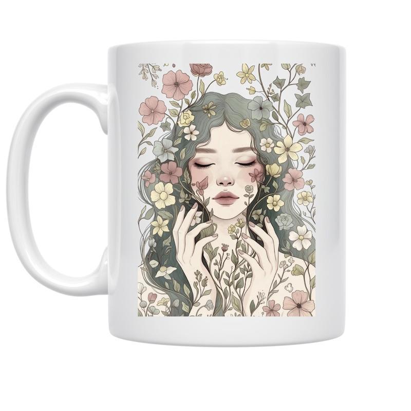 Tailorly White Ceramic 11 oz Mug - Blooming Garden With Serene Girl Among Soft Pastel Delicate Spring Flowers Woman