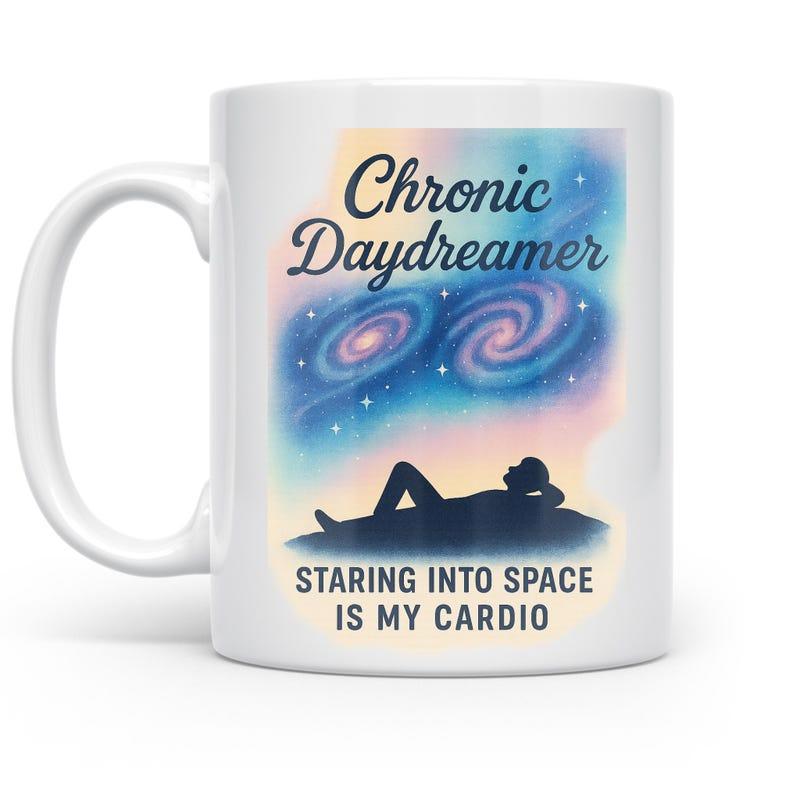 Tailorly White Ceramic 11 oz Mug - Chronic Daydreamer Staring Into Space Is My Cardio Relaxing Silhouette Resting Under A Vibrant Cosmic Starry Night Sky Galaxy