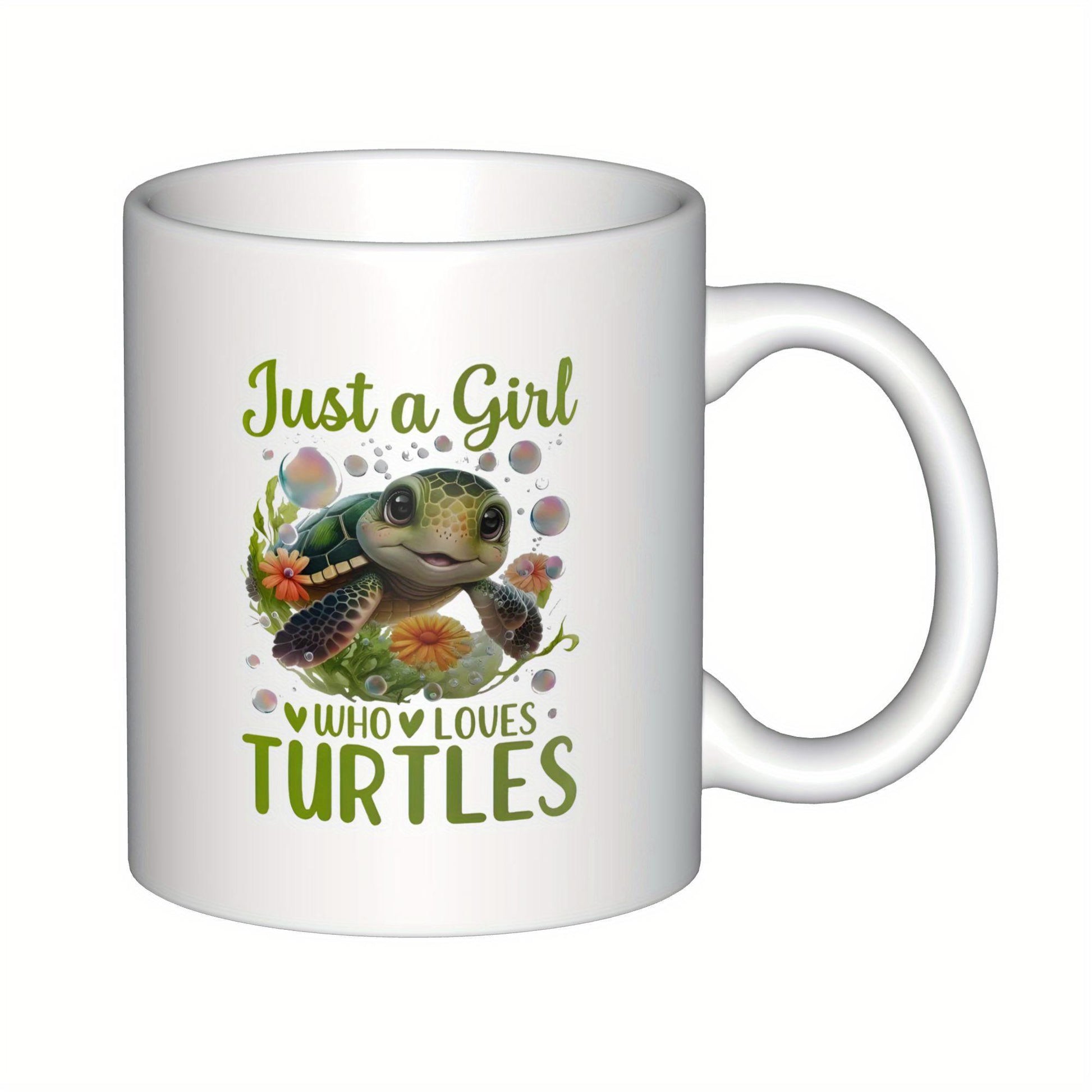 Tailorly White Ceramic 11 oz Mug - Just A Girl Who Loves Turtles Adorable Small Sea Turtle Resting Among Blooming Tropical Flowers Turtle