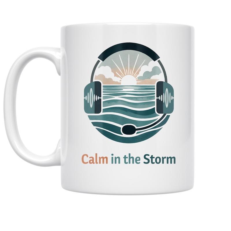 Tailorly White Ceramic 11 oz Mug - Calm In The Storm Serene Sunset Waves Framed Within Modern Headphones Headset