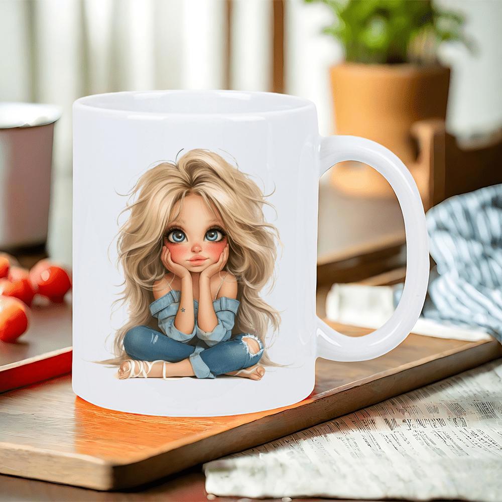 Tailorly White Ceramic 11 oz Mug - Adorable Stylized Cartoon Character With Large Eyes Sitting Calmly In Blue Jeans Girl