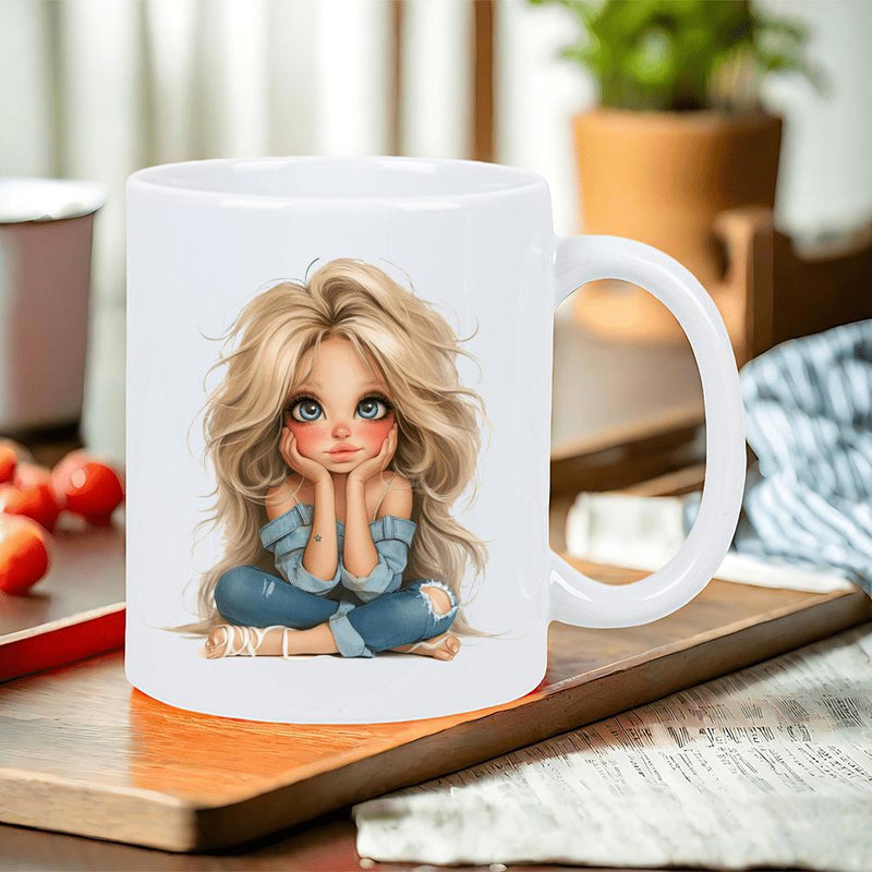 Tailorly White Ceramic 11 oz Mug - Adorable Stylized Cartoon Character With Large Eyes Sitting Calmly In Blue Jeans Girl