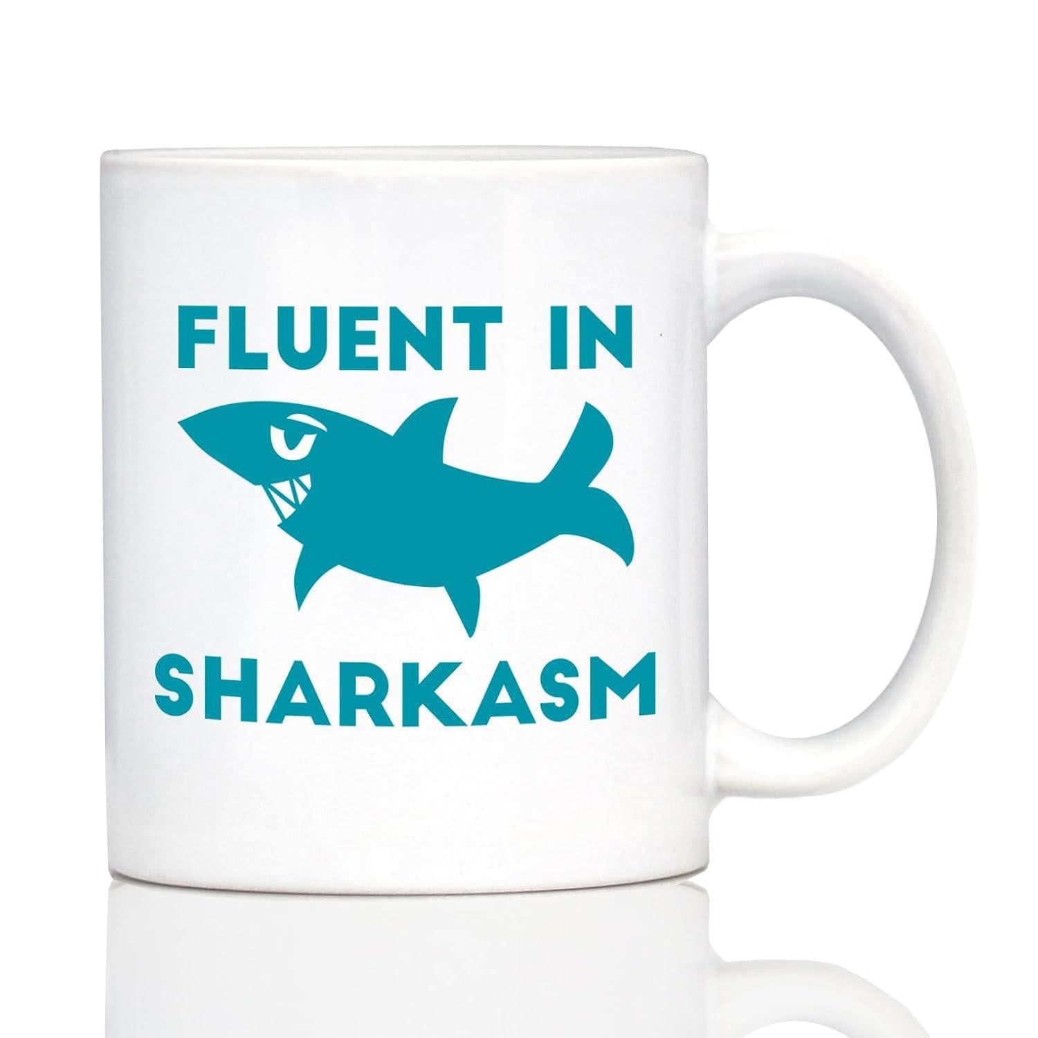 Tailorly White Ceramic 11 oz Mug - Fluent In Sharkasm Stylized Predator Outline With Sharp Teeth In Minimalist Ocean Style Shark