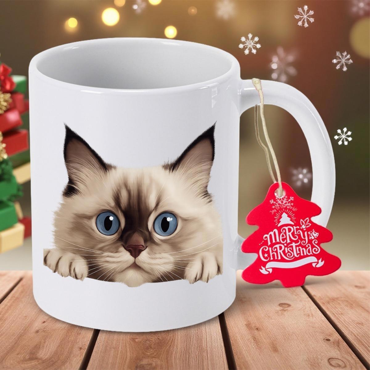 Tailorly White Ceramic 11 oz Mug - Merry Christmas Adorable Fluffy Peeking Over Ledge With Bright Blue Eyes And Soft Paws Cat