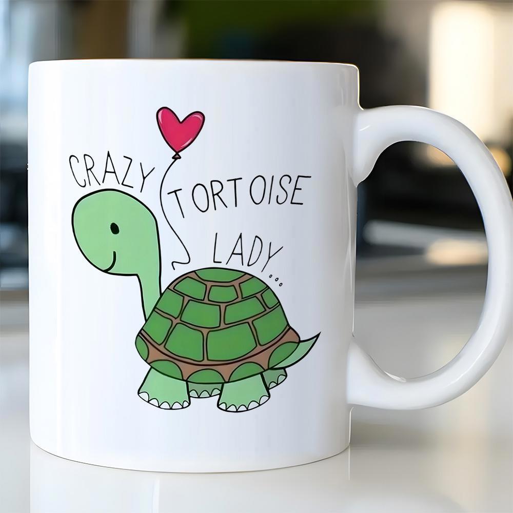 Tailorly White Ceramic 11 oz Mug - Crazy Tortoise Lady Cute Green Cartoon Character Holding A Red Heart Balloon Gently Tortoise