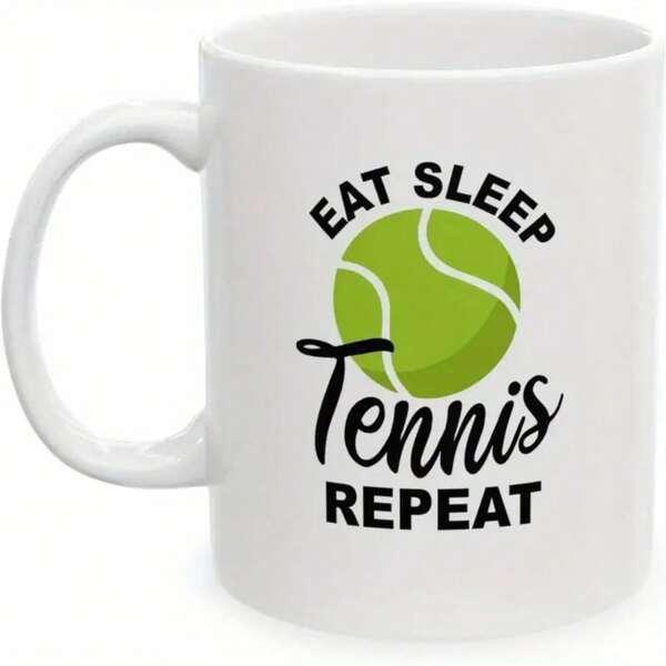 Tailorly White Ceramic 11 oz Mug - Eat Sleep Tennis Repeat Vibrant Lime Green Sports Ball With Classic White Curved Lines Tennis Ball