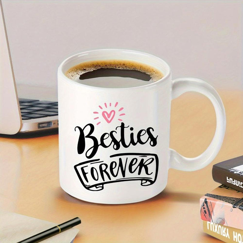 Tailorly White Ceramic 11 oz Mug - Besties Forever Handwritten Style Script With A Pink Radiant Glowing Minimalist Small Heart