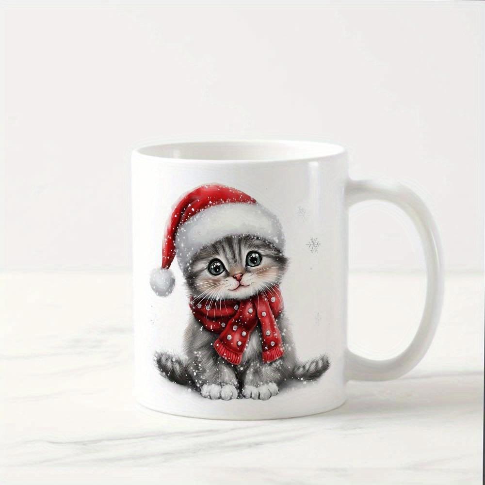 Tailorly White Ceramic 11 oz Mug - Cute Fluffy Grey Tabby Wearing Red Santa Hat And Festive Scarf Kitten