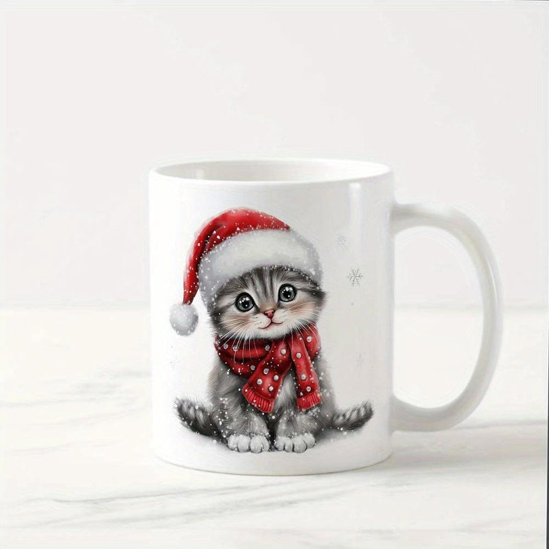 Tailorly White Ceramic 11 oz Mug - Cute Fluffy Grey Tabby Wearing Red Santa Hat And Festive Scarf Kitten