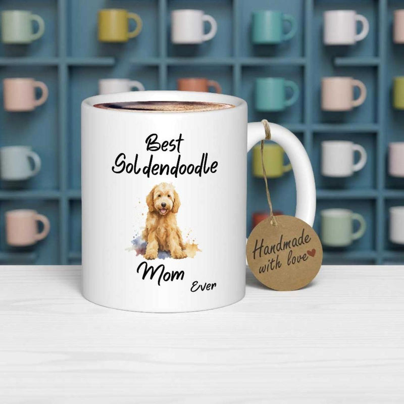 Tailorly White Ceramic 11 oz Mug - Best Goldendoodle Mom Ever Cute Fluffy Golden Dog Sitting Calmly On White Background Goldendoodle