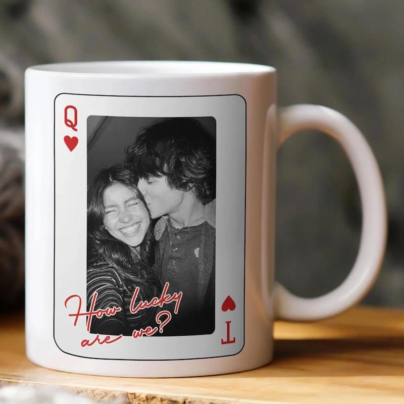 Tailorly White Ceramic 11 oz Mug - How Lucky Are We Romantic Couple Portrait Within Decorative Heart Frame Playing Card