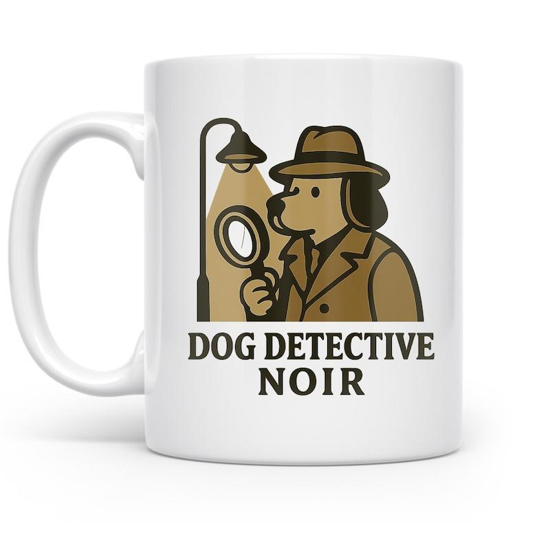 Tailorly White Ceramic 11 oz Mug - Dog Detective Noir Illustrative Canine Wearing Fedora Trench Coat Examining Clues Under Lamp Detective