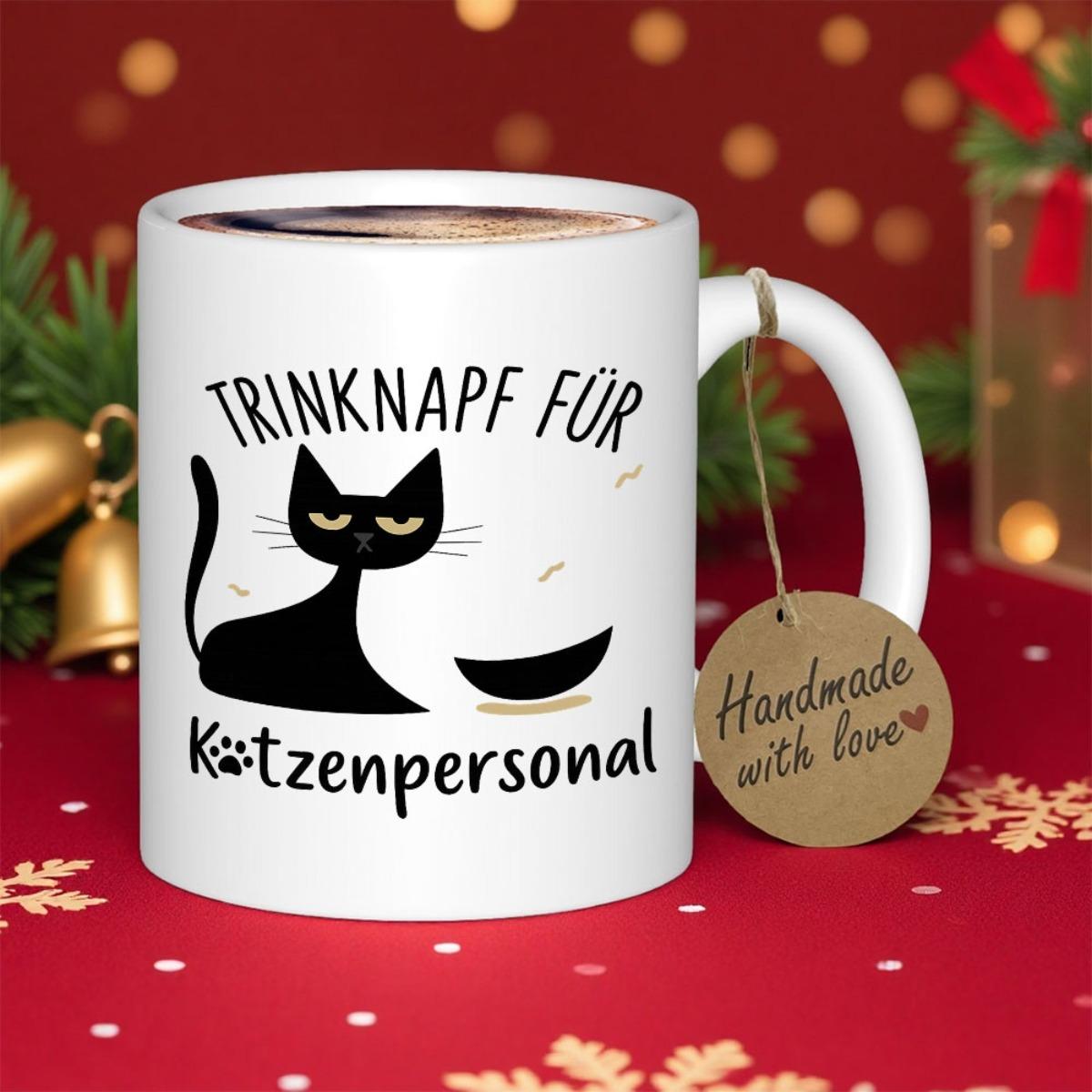 Tailorly White Ceramic 11 oz Mug - Handmade With Love Stylized Black Cat Silhouette With Glowing Eyes Sitting Beside A Bowl Cat
