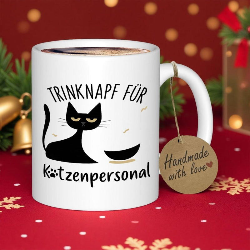 Tailorly White Ceramic 11 oz Mug - Handmade With Love Stylized Black Cat Silhouette With Glowing Eyes Sitting Beside A Bowl Cat