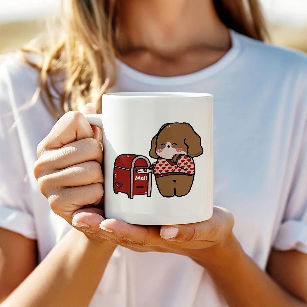 Tailorly White Ceramic 11 oz Mug - Mail Cute Brown Puppy Wearing Red Checkered Shirt Beside A Red Mailbox Dog