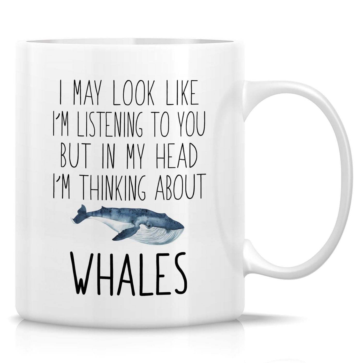 Tailorly White Ceramic 11 oz Mug - I May Look Like Im Listening To You But In My Head Im Thinking About Whales Artistic Watercolor Blue Humpback Whale Swimming