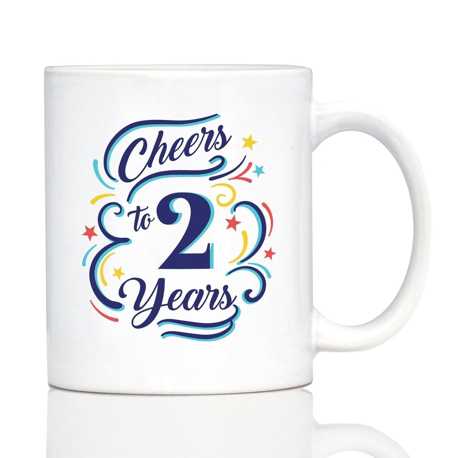 Tailorly White Ceramic 11 oz Mug - Cheers To 2 Years Colorful Festive Swirls And Vibrant Stars Surrounding Bold Anniversary Typography Mug